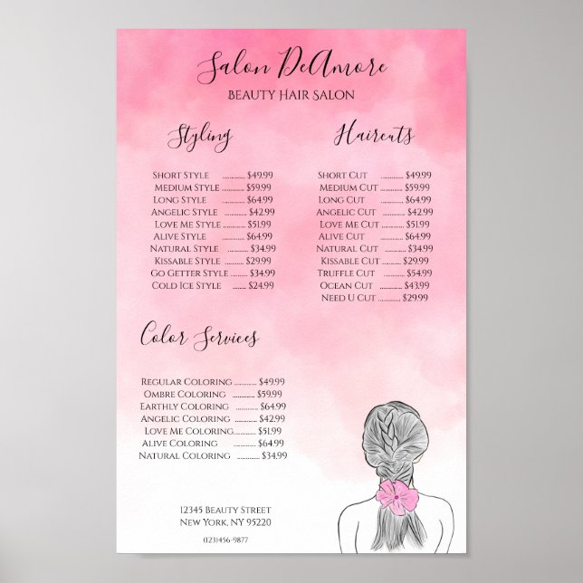 Affiche Fille du menu de service avec tresse aquarelle ros (Devant)