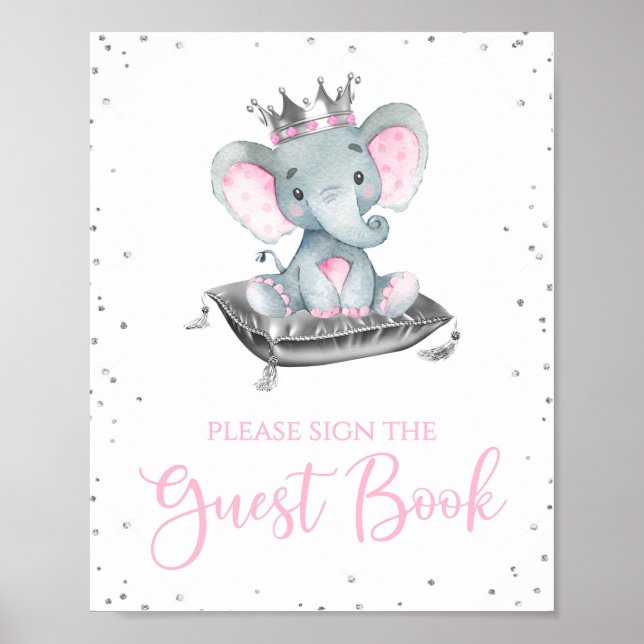 Affiche Fille Eléphant Baby shower Guest Book Panneau (Devant)