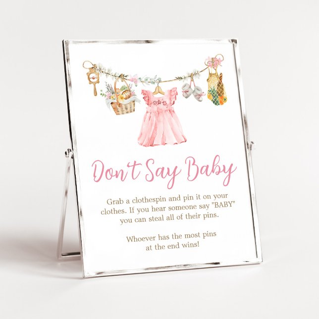 Affiche Fille Élevée Localement Ne Dis Pas Bébé Panneau (Pink Locally Grown Clothesline Baby Shower Don't Say Baby Sign)