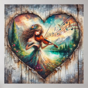 Affiche Fille en bois rustique jouant de la musique de vio