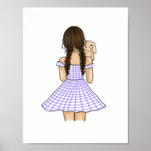 Affiche Fille en carreaux gingham violet portant un lapin 