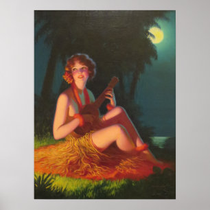 Affiche Fille en clair de lune avec Banjo Ukelele