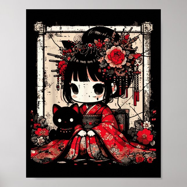 Affiche Fille en kimono chibi Chat noir Fleurs Art japonai (Devant)