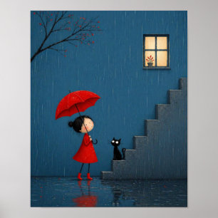 Affiche Fille en rouge attendant près de l'escalier pluvie