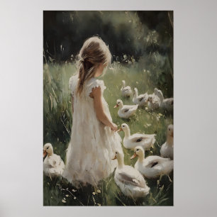 Affiche Fille et canards imprimés, Fleur de village de can