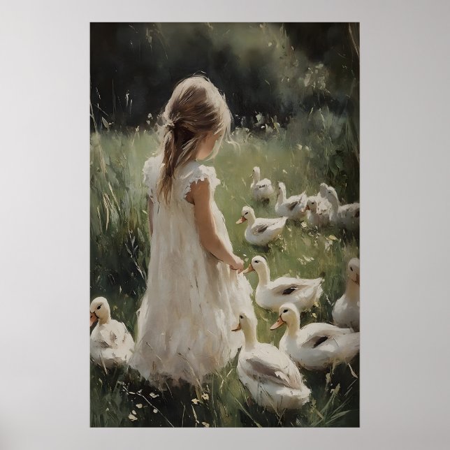 Affiche Fille et canards imprimés, Fleur de village de can (Devant)