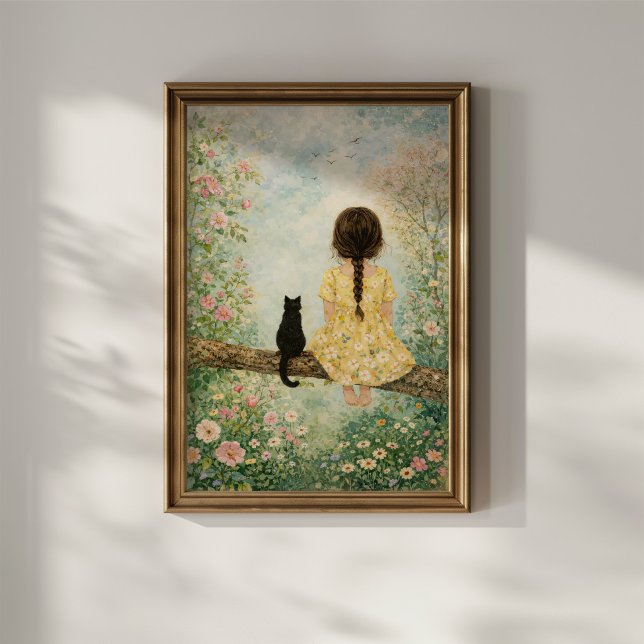 Affiche Fille et chat dans un jardin printanier (Créateur téléchargé)