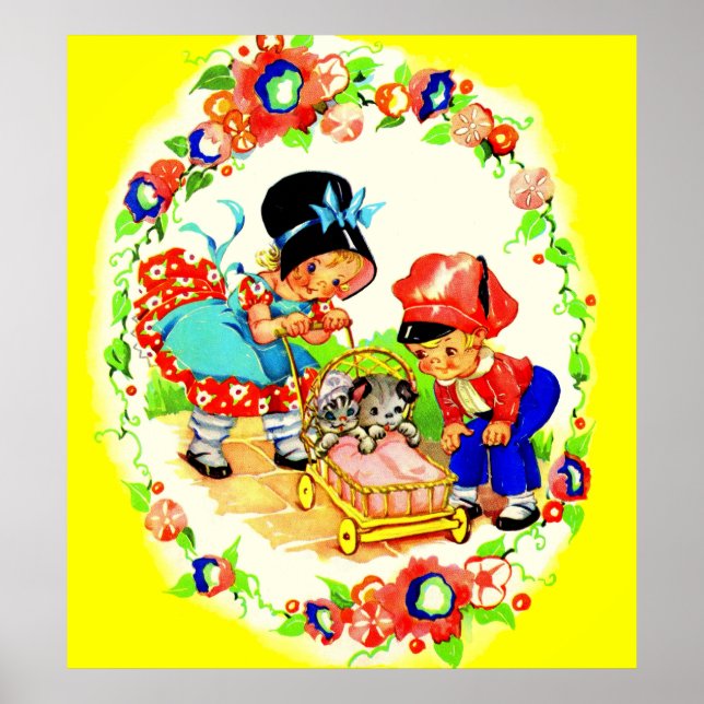 Affiche fille et garçon et chaton et chiot (Devant)