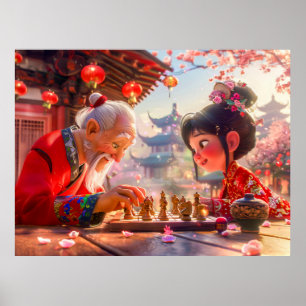 Affiche Fille et grand-père jouant aux échecs modernes