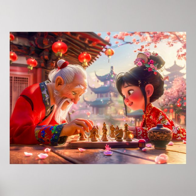 Affiche Fille et grand-père jouant aux échecs modernes (Devant)