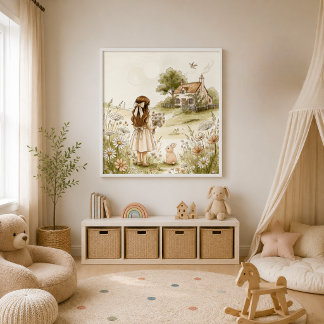 Affiche Fille et lapin à l'aquarelle vintage | Cottagecore