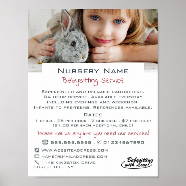 Affiche Fille et lapin, Babysitter, Garderie, Nourriture (Devant)