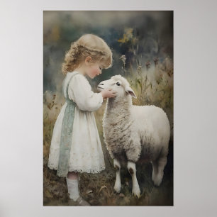 Affiche Fille et mouton imprimé, agneau de Pâques Village