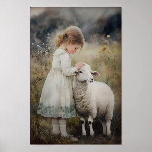 Affiche Fille et mouton imprimé, bergère antique agneau