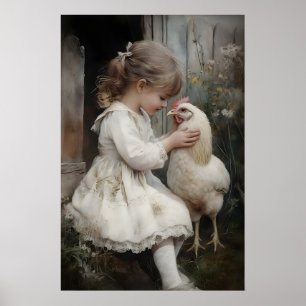 Affiche Fille et poulet imprimé, Rustique Cottagecore