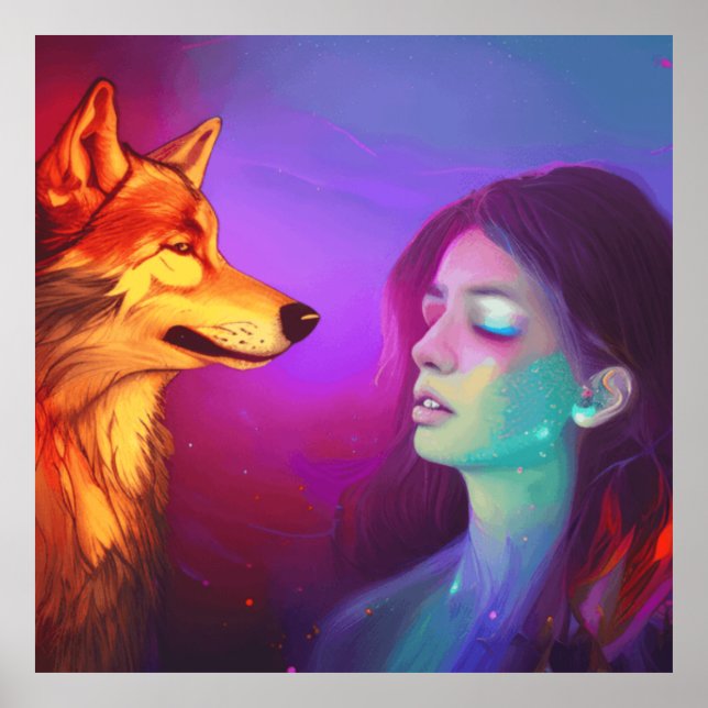 Affiche Fille et son loup AI Généré Imaginaire Pop Art (Devant)