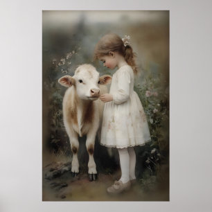 Affiche Fille et vache imprimé Antique Farmhouse Cottageco
