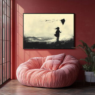 Affiche Fille faisant voler un cerf-volant sur la rive au 