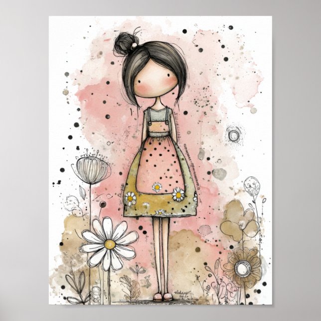 Affiche Fille Fantaisiste Aquarelle aux Accents Floraux (4 (Devant)