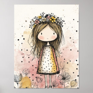 Affiche Fille Fantaisiste Aquarelle aux Accents Floraux (6