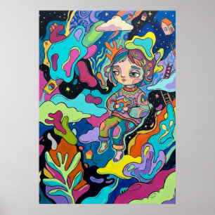 Affiche Fille Fantaisiste Art Pop Psychédélique Rêve Color
