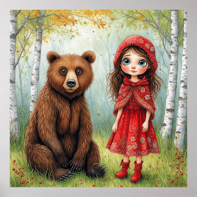 Affiche 🌲 Fille Fantaisiste Et Forêt D'ours Pour Chambre  (Devant)