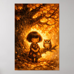 Affiche Fille Fantaisiste et Hibou - Chêne Arbre Automne H