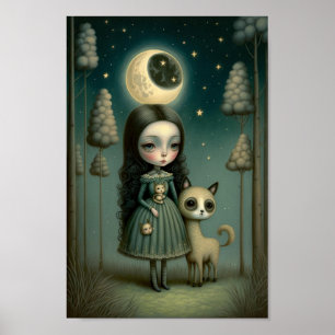 Affiche Fille fantastique dans les bois avec la lune