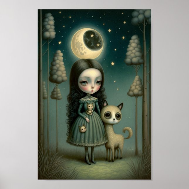 Affiche Fille fantastique dans les bois avec la lune (Devant)