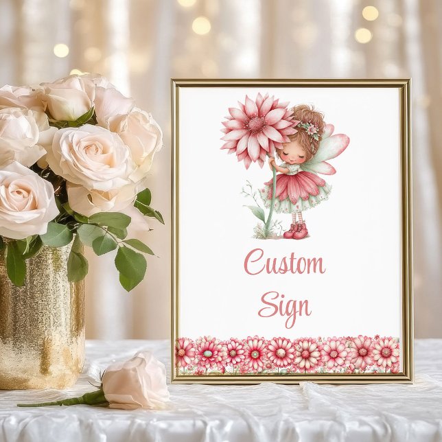 Affiche Fille Fée Capricieuse Anniversaire Floral Fard Rou (Whimsical Fairy Girl Blush Floral Birthday Custom Sign

)