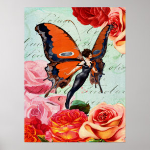 Affiche Fille Fée Papillon Vintage Rose Fleurie Art