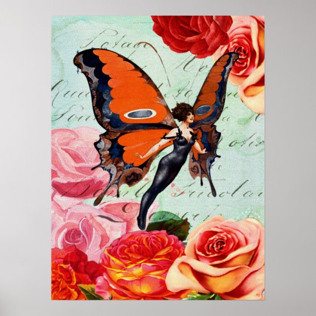 Affiche Fille Fée Papillon Vintage Rose Fleurie Art (Devant)