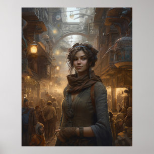 Affiche Fille Flâner dans une rue Steampunk