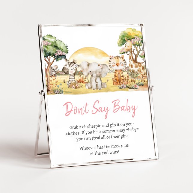 Affiche Fille Floral Jungle Safari Animaux ne pas dire béb (Girl Safari Animals Baby Shower Don't Say Baby Sign)