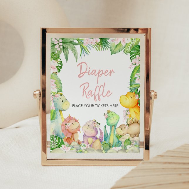 Affiche Fille Florale Dinosaure Baby shower Déchets Raffle (Greenery Dinosaur Baby Shower Diaper Raffle Sign)