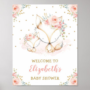 Affiche Fille Fox Blush rose Baby shower Floral Bienvenue