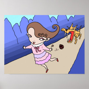 Affiche Fille fuyant un loup féroce.