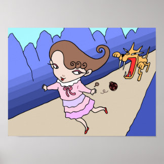 Affiche Fille fuyant un loup féroce.