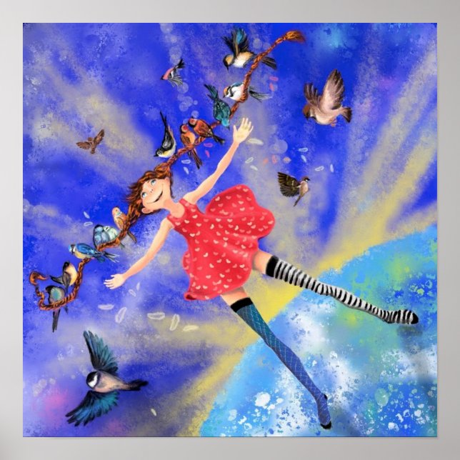Affiche Fille Heureuse avec Oiseaux Bonheur (Devant)