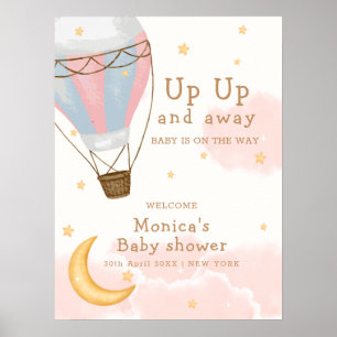 Affiche Fille Hot Air Balloon Moon Star Baby shower Bienve