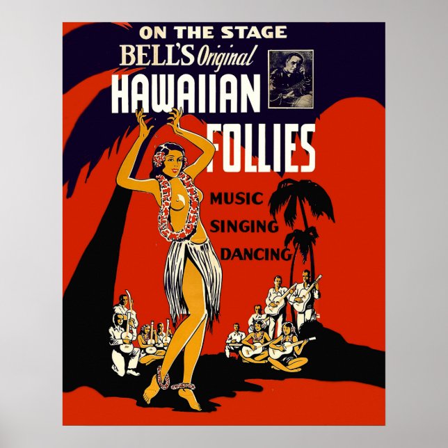 Affiche Fille hula d'Hawaii, danse traditionnelle, musique (Devant)