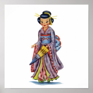 Affiche Fille japonaise vintage en kimono