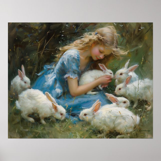 Affiche Fille Jouant Avec Des Lapins Blancs À Pâques (Devant)
