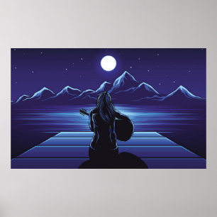 Affiche Fille jouant de la guitare de nuit, fille, ciel, a