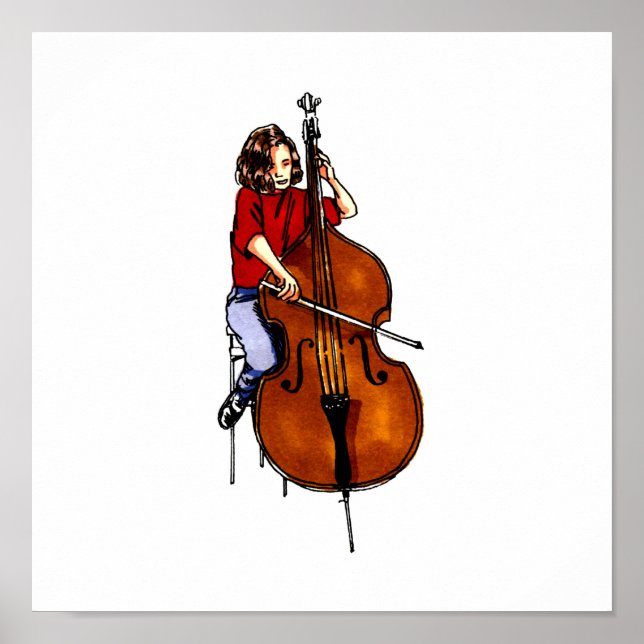 Affiche Fille jouant orchestre basse chemise rouge (Devant)