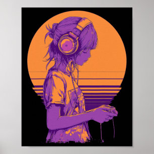 Affiche Fille joueuse de jeux vidéo d'anime rétro