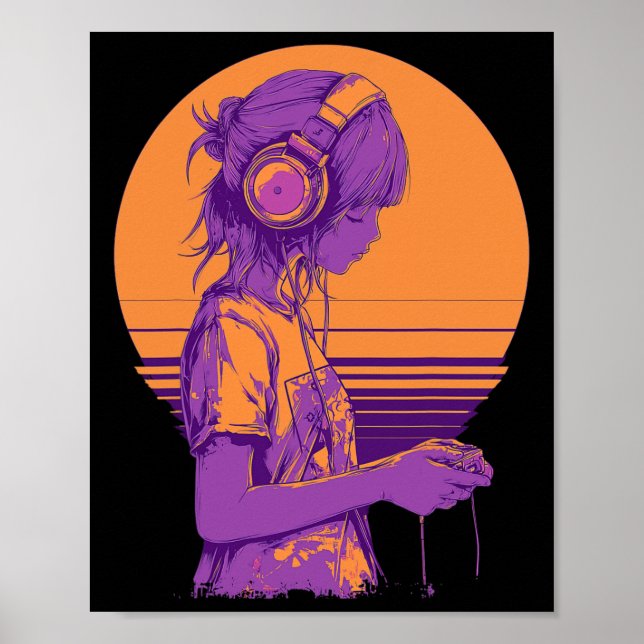 Affiche Fille joueuse de jeux vidéo d'anime rétro  (Devant)