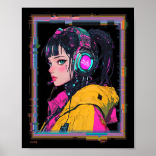 Affiche Fille joueuse de manga cyberpunk