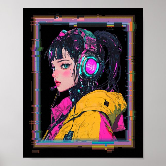 Affiche Fille joueuse de manga cyberpunk  (Devant)