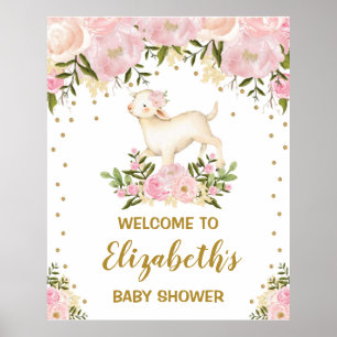 Affiche Fille Lamb Mouton rose Blush Baby shower floral